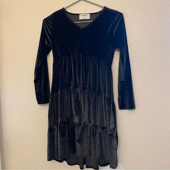 Old Navy Long Sleeve Velvet Fit & Flare black tiered stretch Dress Girls L 10-12 - Picture 3 of 7
